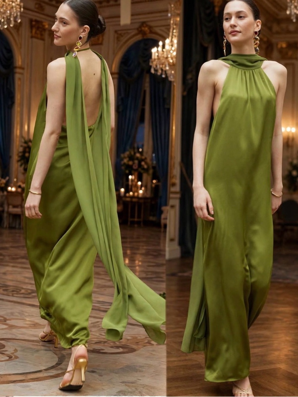 o.p.t Alessia Dress Elegant Olive Green Backless Satin dress size S